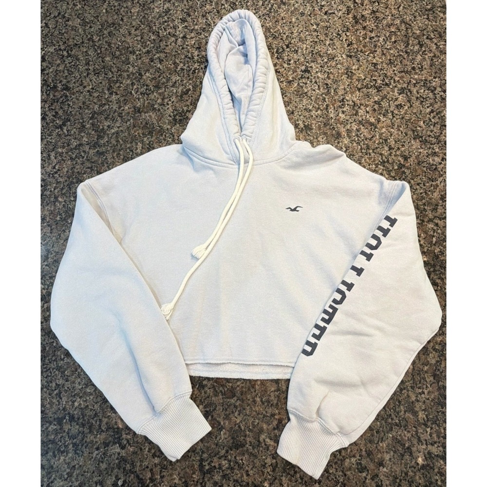Hollister Womens Cropped Hoodie Light Blue Logo Sleeve Graphic Sweatshirt Small